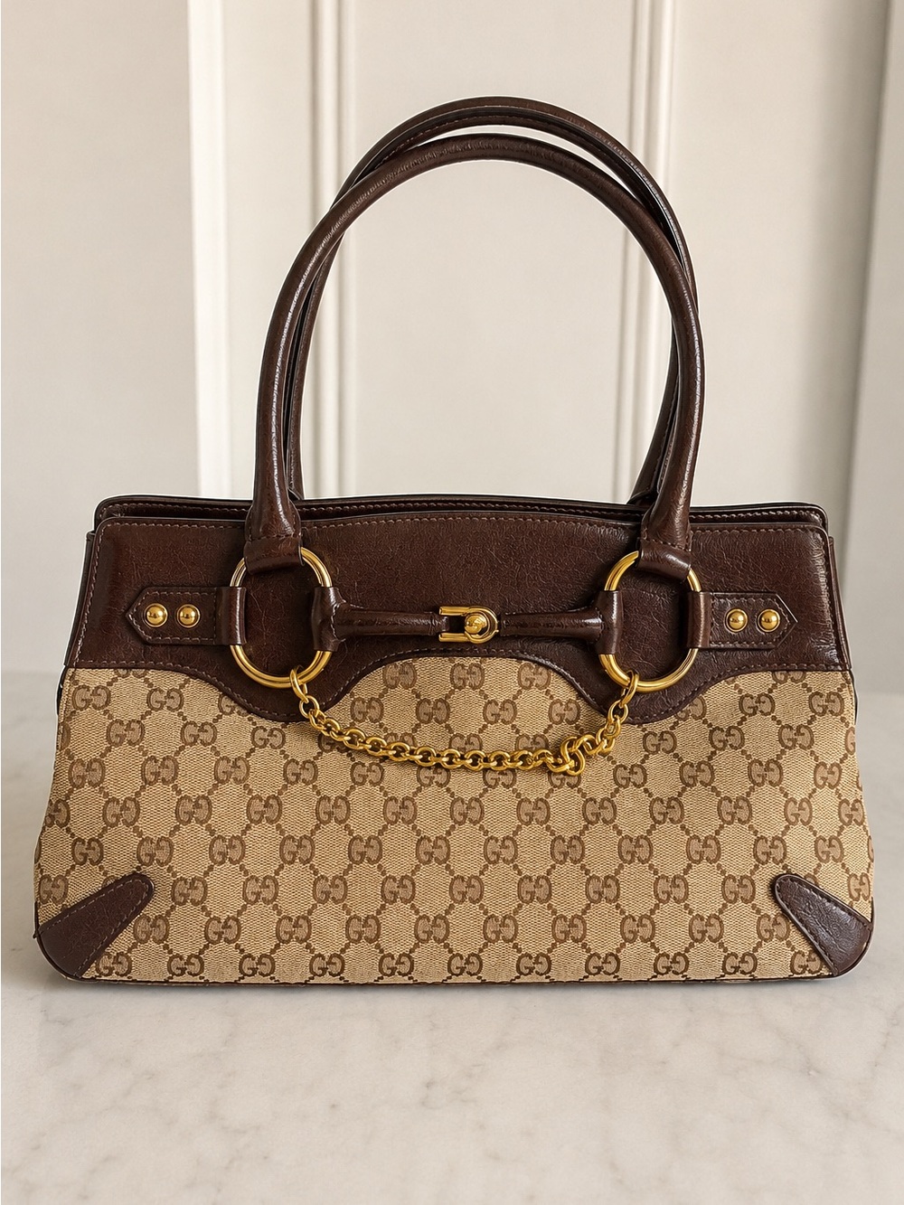 Gucci Vintage Beige/Dark Brown GG Canvas and Leather Horsebit Chain Tote Bag